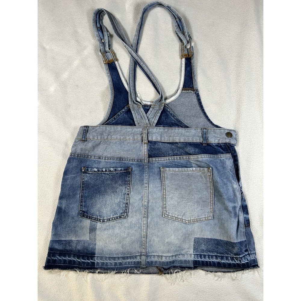 Free People Patchwork Denim Overalls Dress Mini Frayed Hem Blue Western Size 12 - Picture 4 of 7
